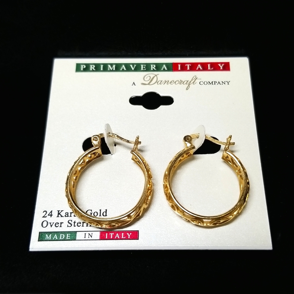 Danecraft Primavera Italy Womens 925 24K Gold Plated Hoop Earrings Wife Gift